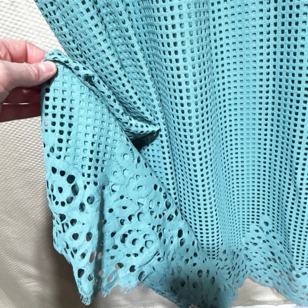 Alfani Teal Aqua Eyelet Laser Cut Dress Size 12 Sleeveless A-Line Empire Summer - Picture 2 of 9